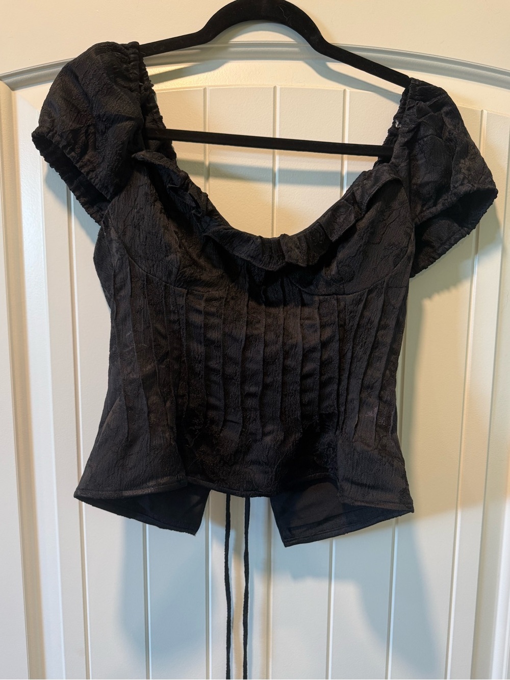 Lulu's Black Puff Sleeve Corset Top with Tie-Back